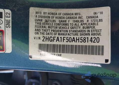 2010 Honda Civic Lx из США, поврежденный, VIN 2HGFA1F50AH581420